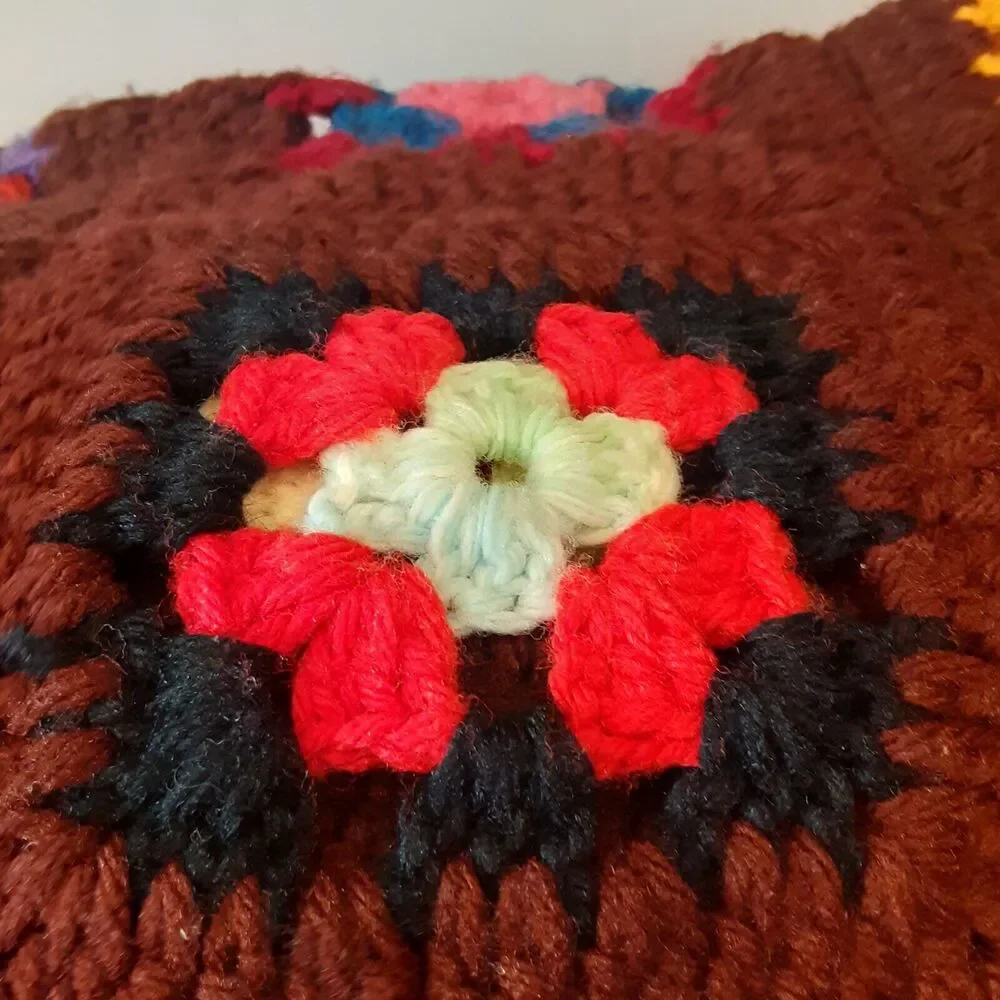 Vintage Handmade Flower Block Afghan on Chocolate READ